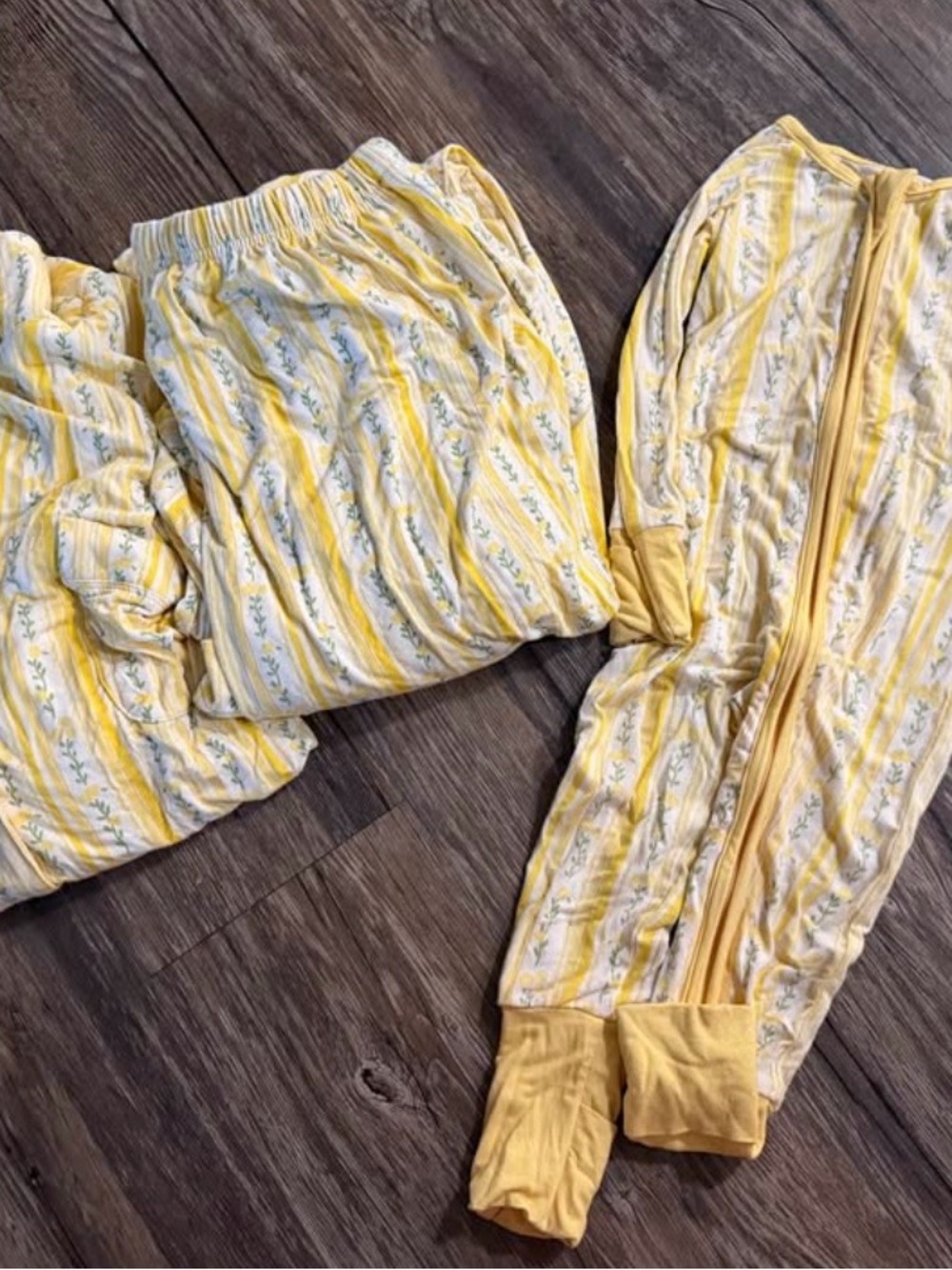 Yellow Striped Kids Pajama Set with Floral Trim